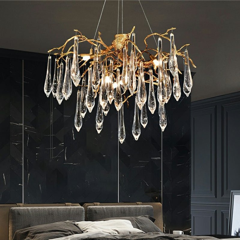 Branch Crystal Drops Chandelier in French Style with Copper Gold Finish for Dining and Living Room Ceiling - Round D23.6"*H15.8"/29.5kgWarm LightJoyfuzzy