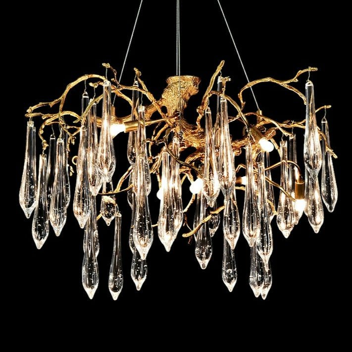 Branch Crystal Drops Chandelier in French Style with Copper Gold Finish for Dining and Living Room Ceiling - Round D23.6"*H15.8"/29.5kgWarm LightJoyfuzzy