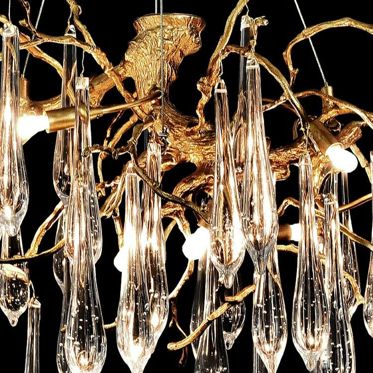 Branch Crystal Drops Chandelier in French Style with Copper Gold Finish for Dining and Living Room Ceiling - Round D23.6"*H15.8"/29.5kgWarm LightJoyfuzzy