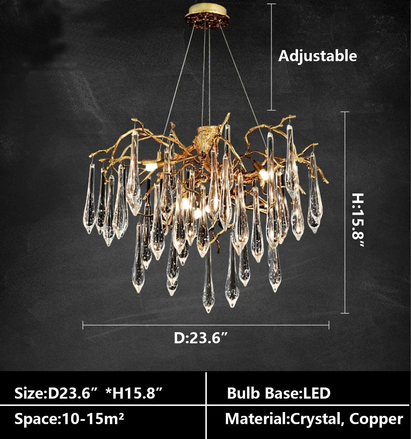 Branch Crystal Drops Chandelier in French Style with Copper Gold Finish for Dining and Living Room Ceiling - Round D23.6"*H15.8"/29.5kgWarm LightJoyfuzzy