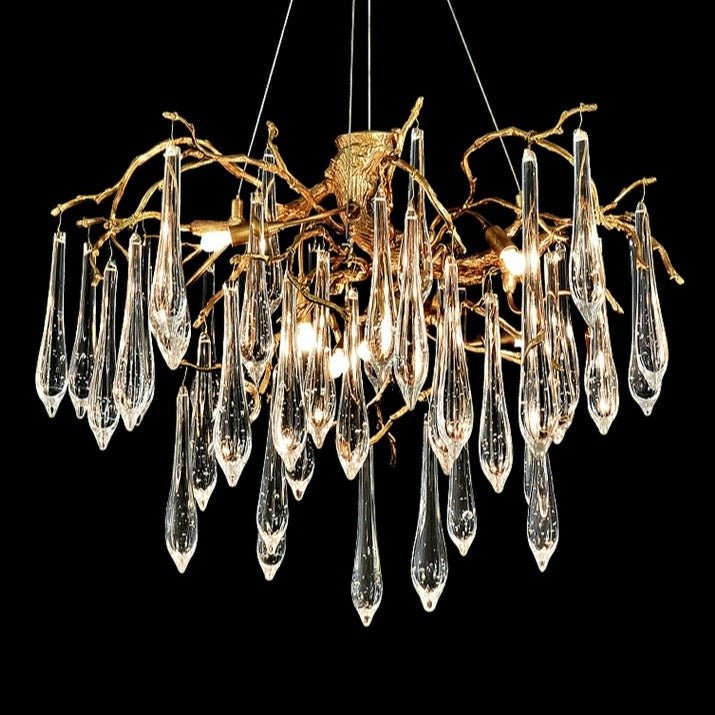 Branch Crystal Drops Chandelier in French Style with Copper Gold Finish for Dining and Living Room Ceiling - Round D23.6"*H15.8"/29.5kgWarm LightJoyfuzzy