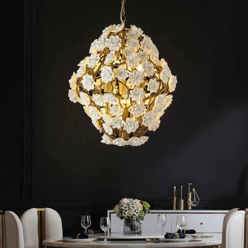 Brass and Ceramic Flower Art Chandelier Post Modern Light Luxury Style for Living and Dining Areas - Joyfuzzy