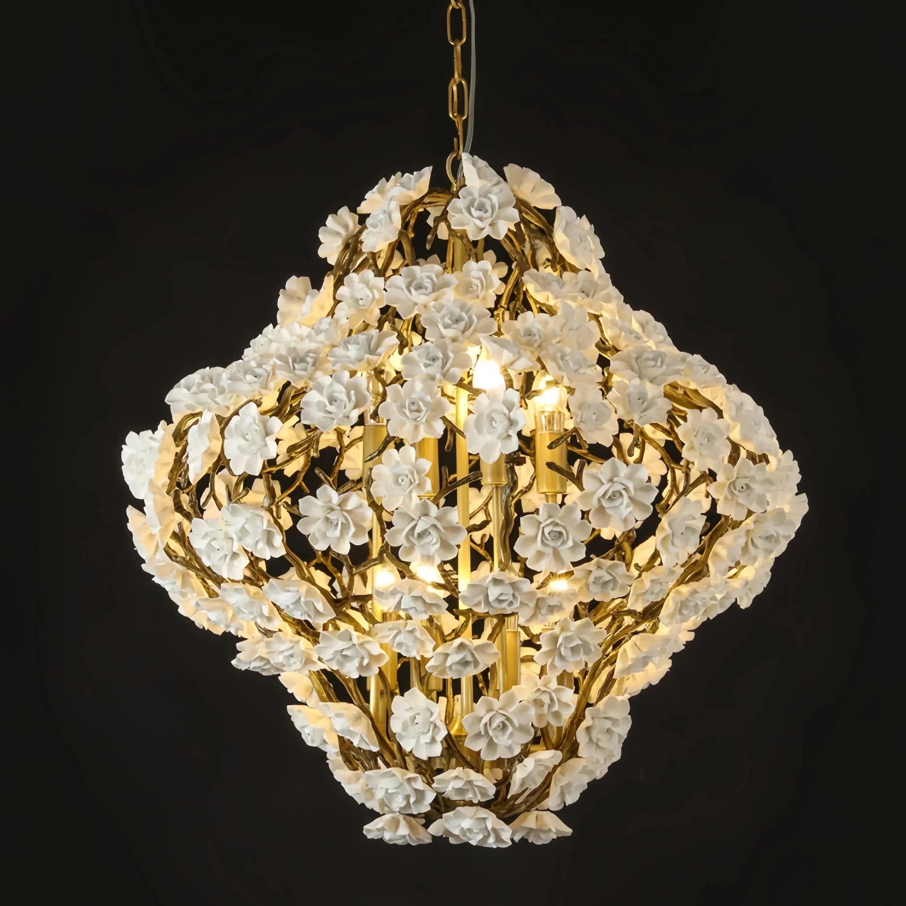 Brass and Ceramic Flower Art Chandelier Post Modern Light Luxury Style for Living and Dining Areas - Joyfuzzy