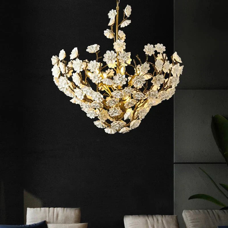 Brass and Ceramic Flower Art Chandelier Post Modern Light Luxury Style for Living and Dining Areas - Joyfuzzy
