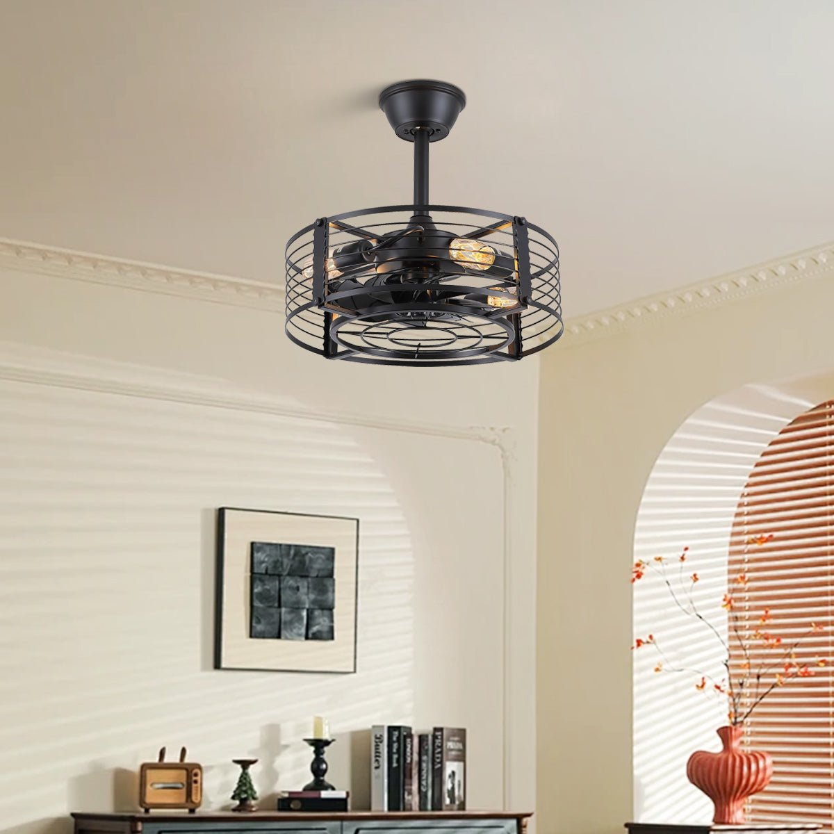 Cage Industrial Black Bladeless Ceiling Fan Light 18" - Joyfuzzy
