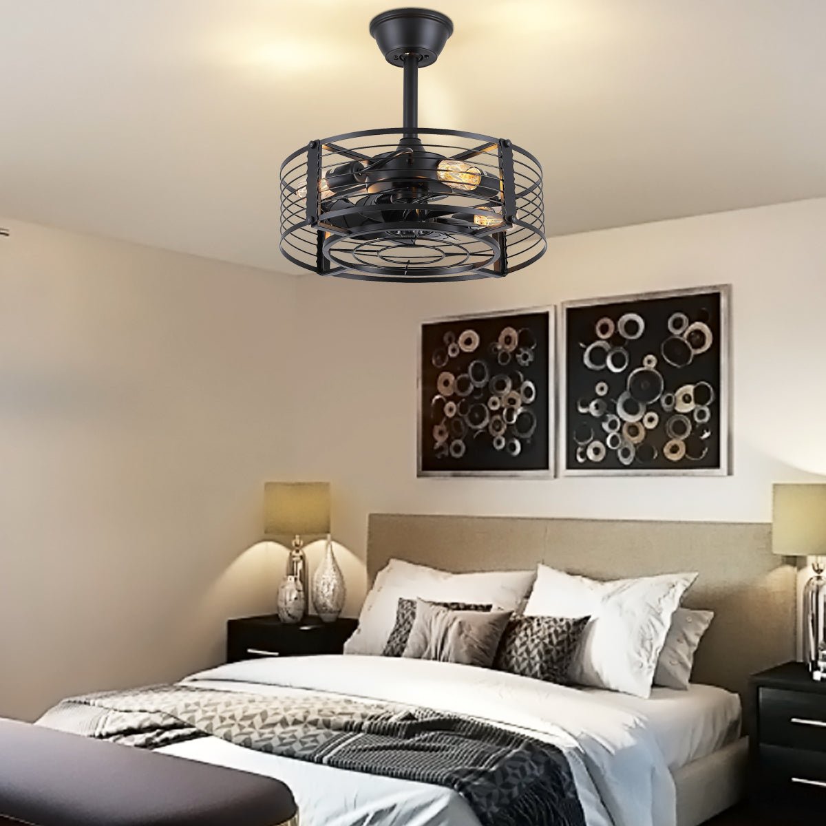 Cage Industrial Black Bladeless Ceiling Fan Light 18" - Joyfuzzy