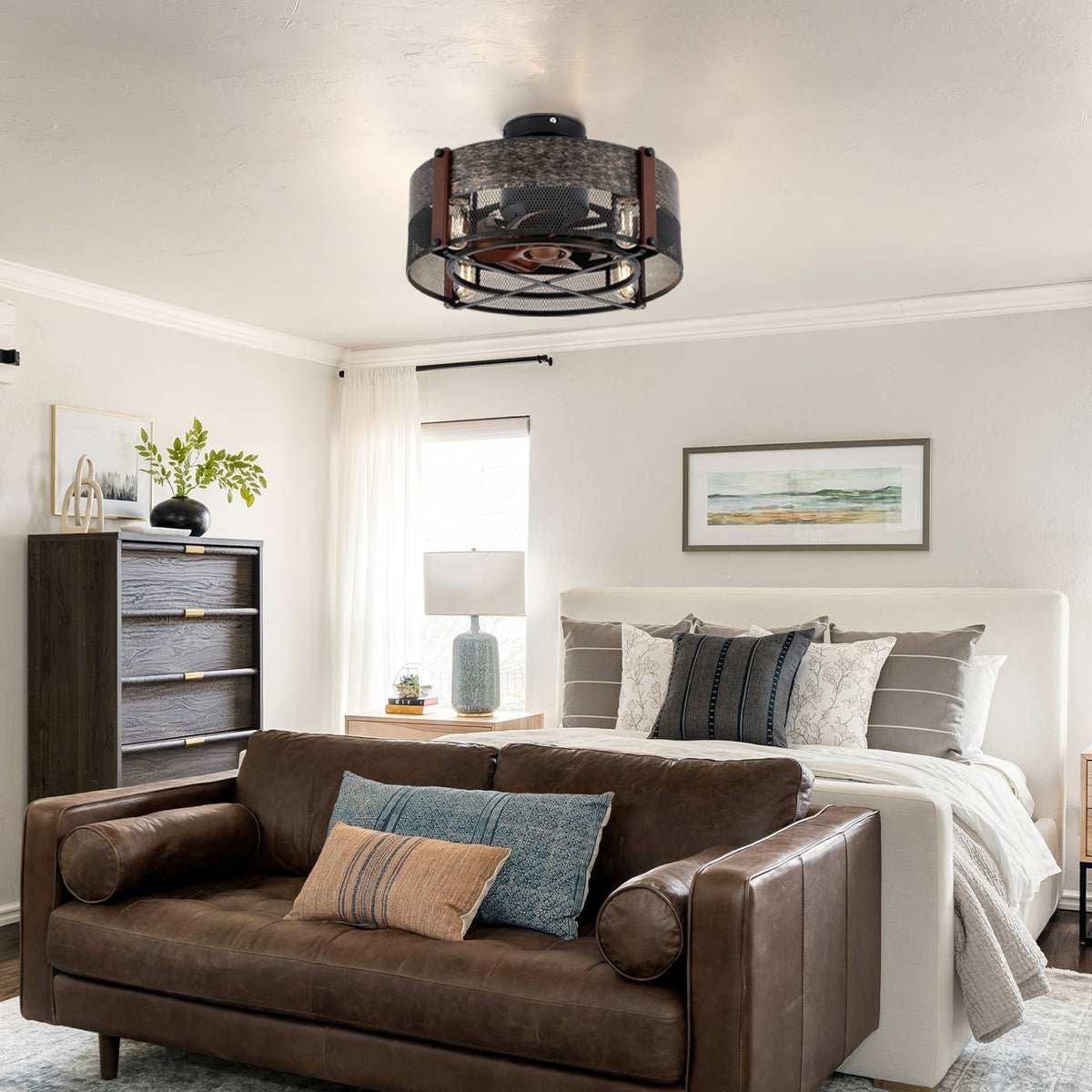Caged Ceiling Fan with Light and Remote Black Bladeless Reversible Low Profile 19" - Joyfuzzy