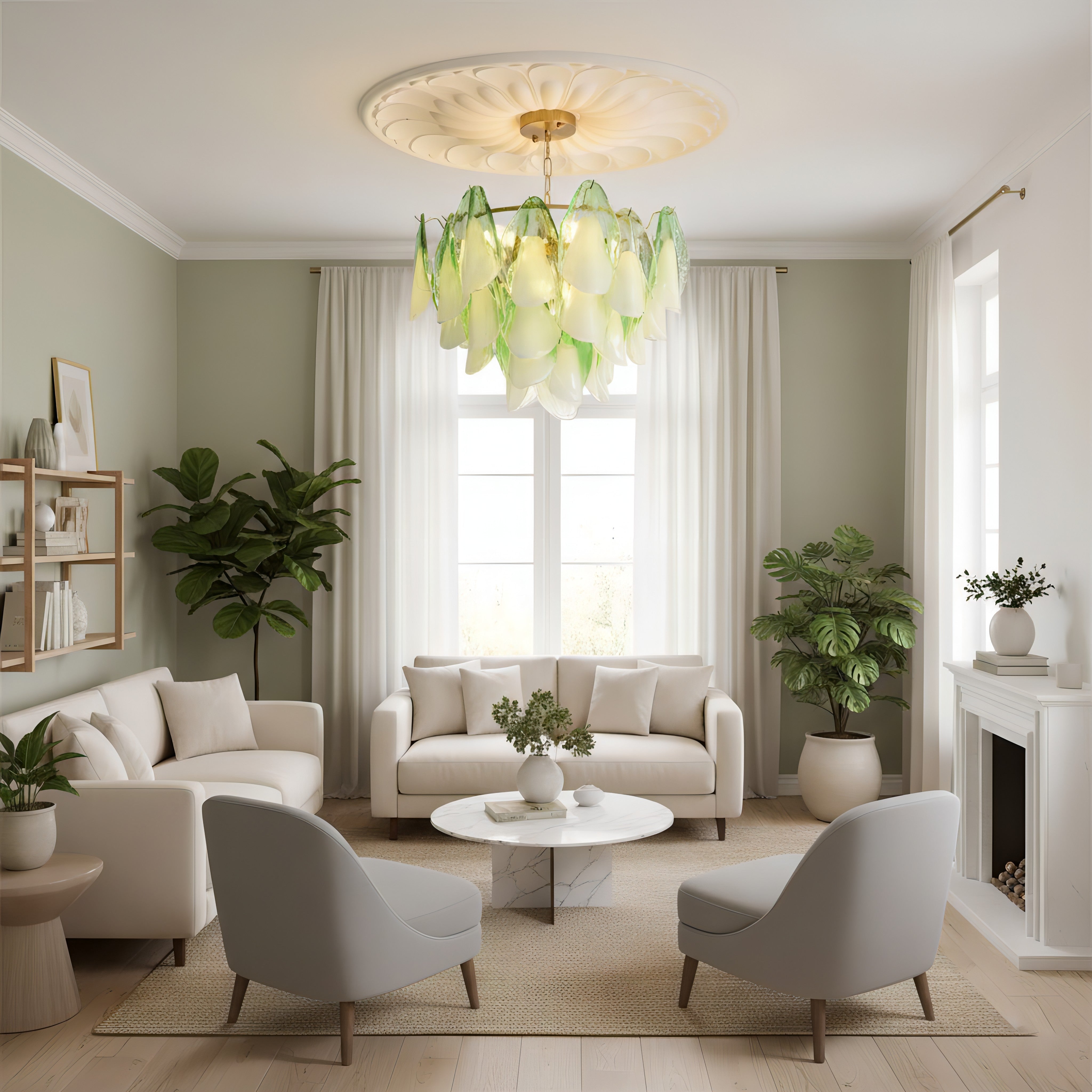 Caia Murano Glass Chandelier for Living Room - L 100cm x H 34cm / ∅ 39.3″ x H 13.3″WhiteJoyfuzzy