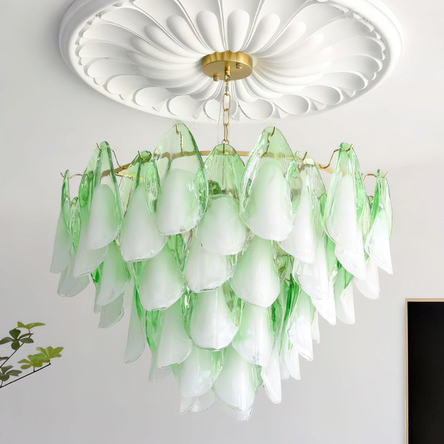 Caia Murano Glass Chandelier for Living Room - Dia 80cm x H 50cm / ∅ 31.4″ x H 19.6″Green & WhiteJoyfuzzy