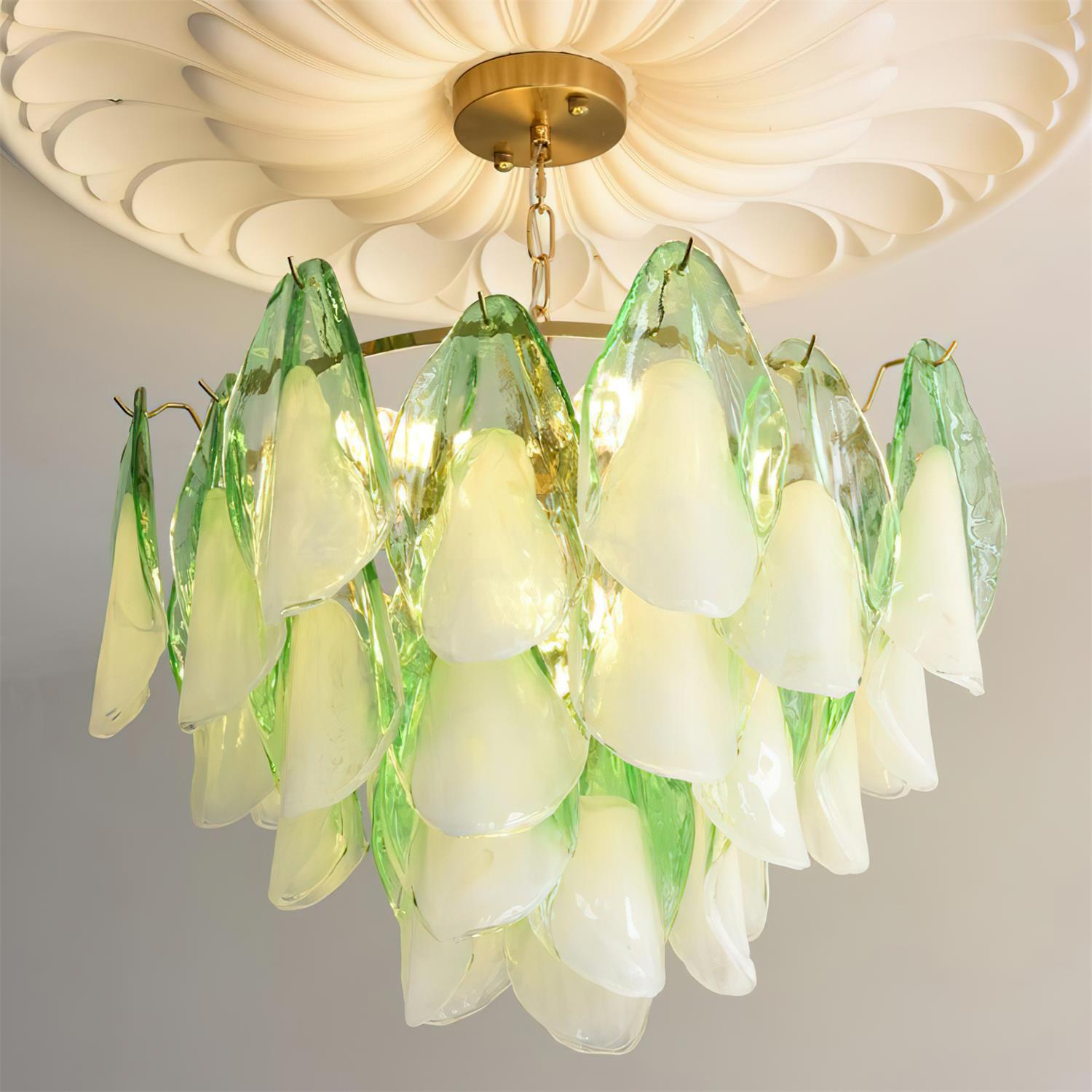 Caia Murano Glass Chandelier for Living Room - Dia 50cm x H 35cm / ∅ 19.6″ x H 13.7″Green & WhiteJoyfuzzy
