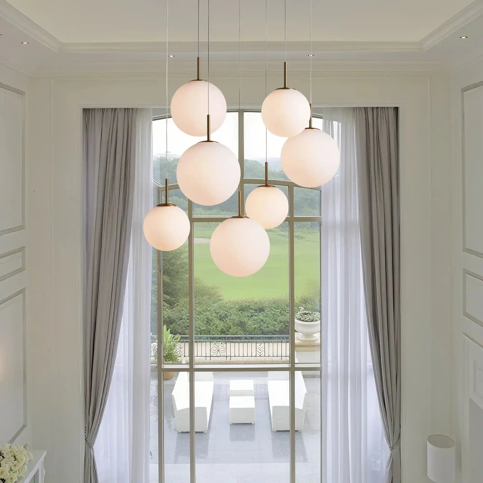 Casen Modern Round Chandelier - Hand-Blown Crackle Glass & Satin Brass LED Pendant Light