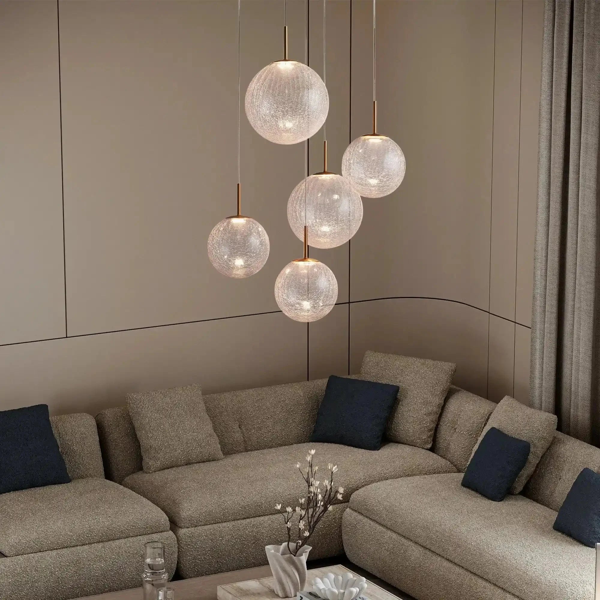 Casen Modern Round Chandelier - Hand - Blown Crackle Glass & Satin Brass LED Pendant Light - 3 - Light 20''CrackleJoyfuzzy