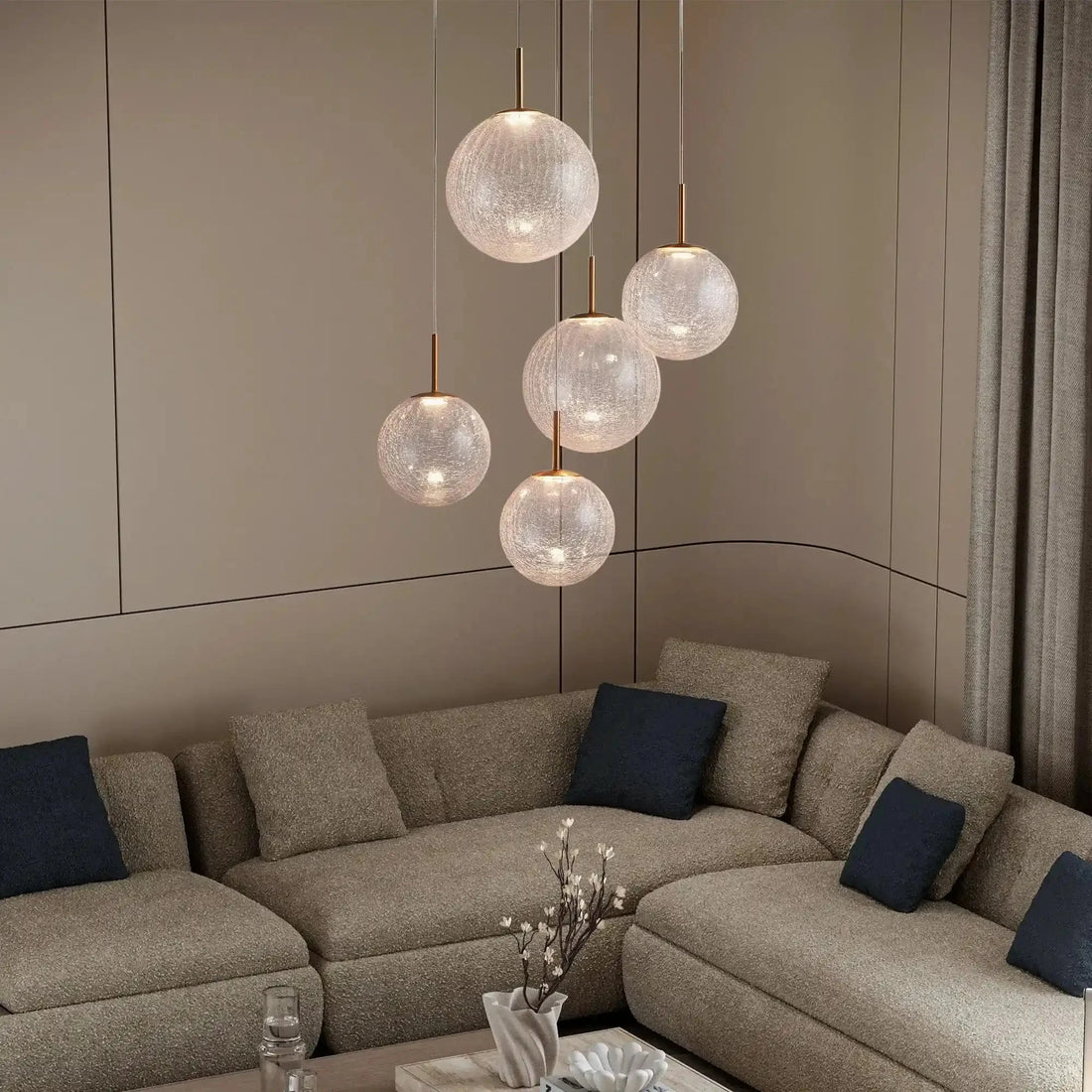 Casen Modern Round Chandelier - Hand - Blown Crackle Glass & Satin Brass LED Pendant Light - 3 - Light 20''CrackleJoyfuzzy