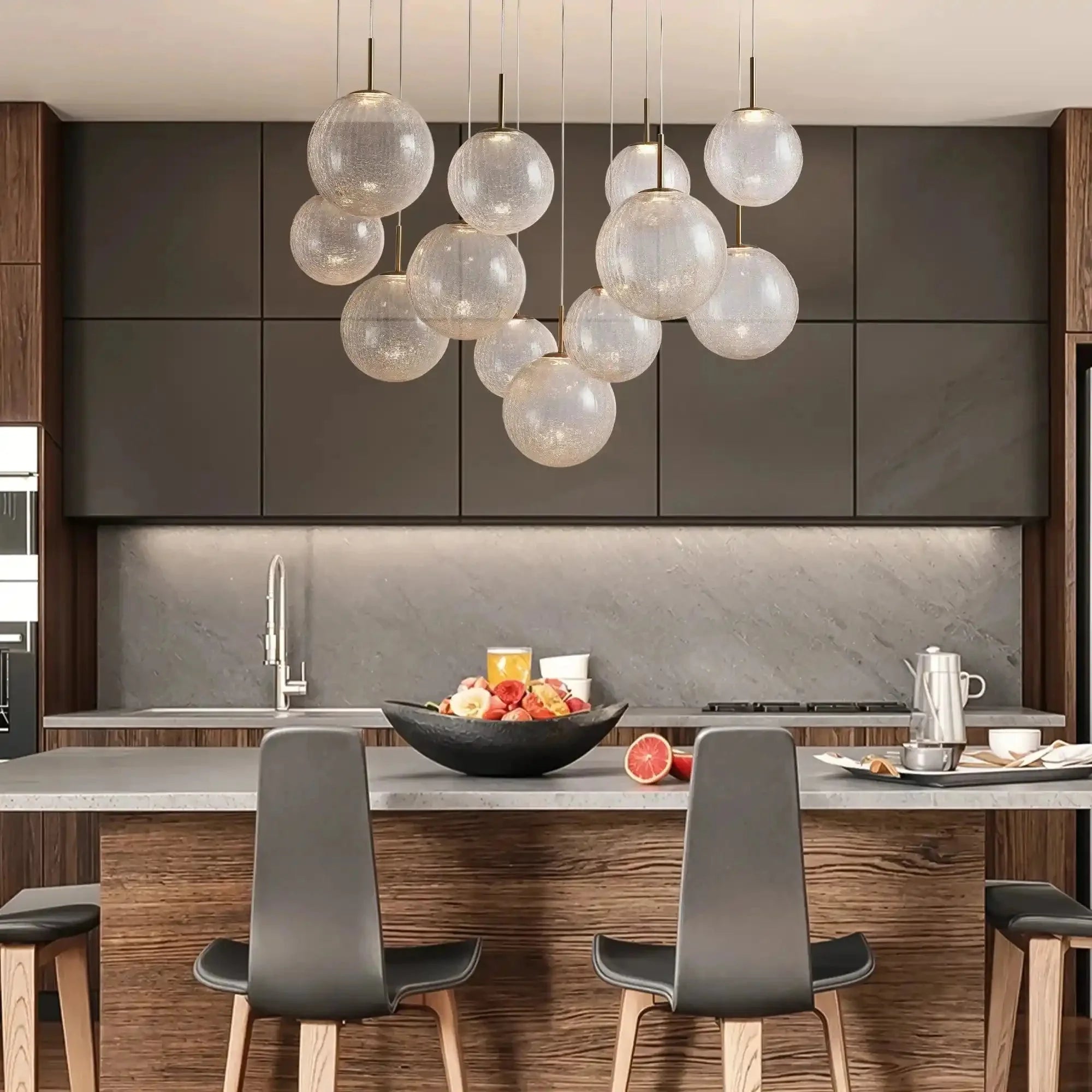 Casen Modern Round Chandelier - Hand - Blown Crackle Glass & Satin Brass LED Pendant Light - 3 - Light 20''Matte OpalJoyfuzzy