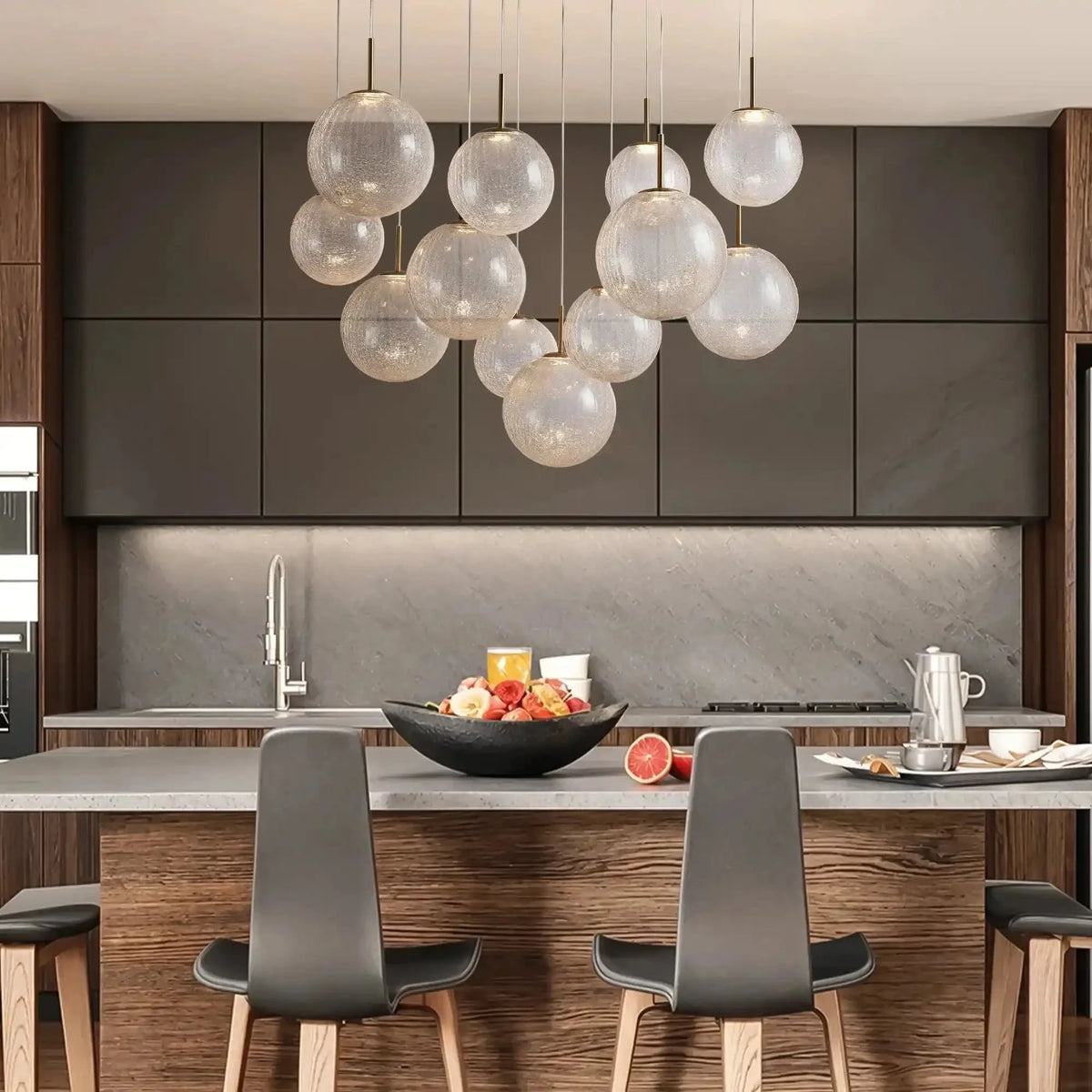 Casen Modern Round Chandelier - Hand - Blown Crackle Glass & Satin Brass LED Pendant Light - 3 - Light 20''Matte OpalJoyfuzzy