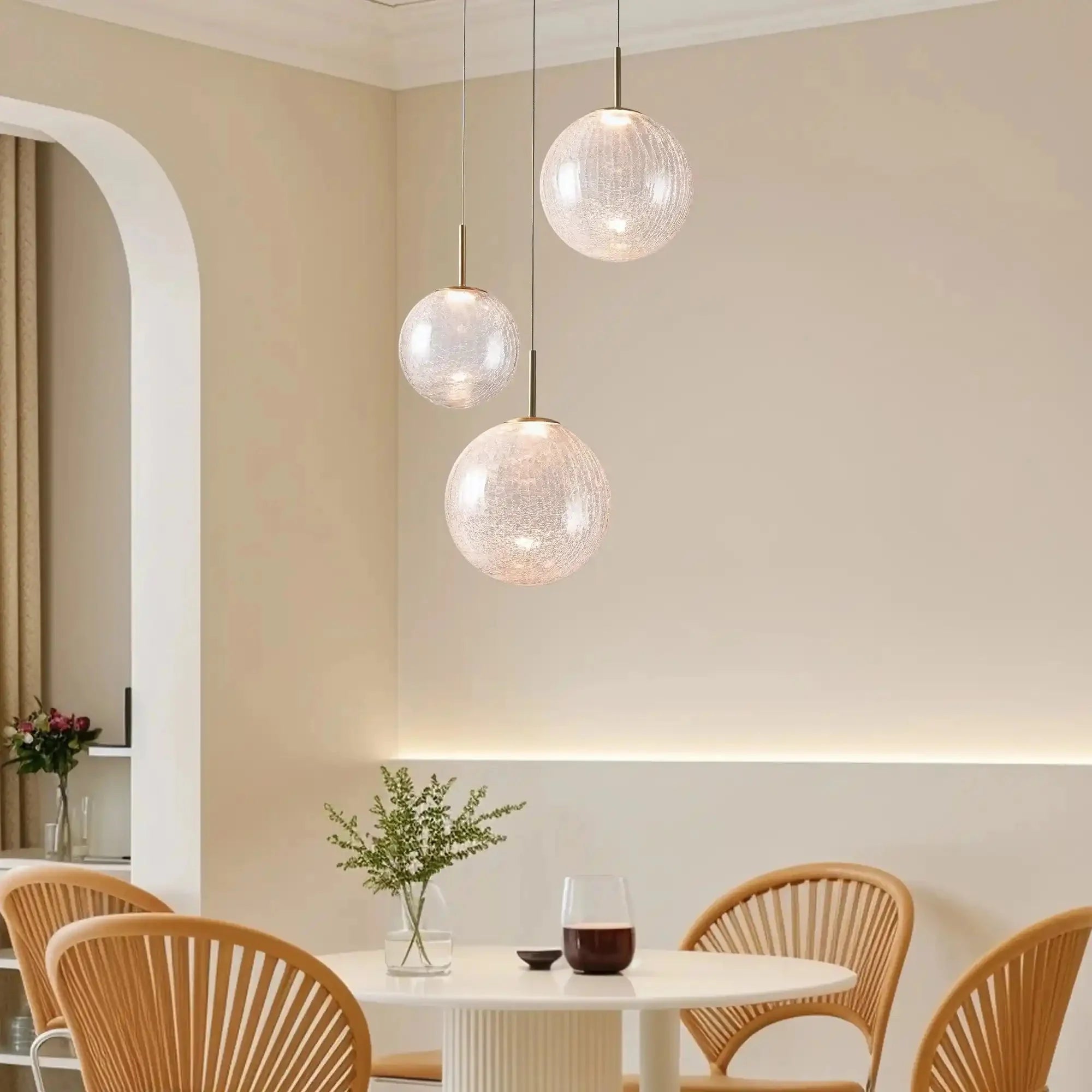 Casen Modern Round Chandelier - Hand - Blown Crackle Glass & Satin Brass LED Pendant Light - 3 - Light 20''CrackleJoyfuzzy