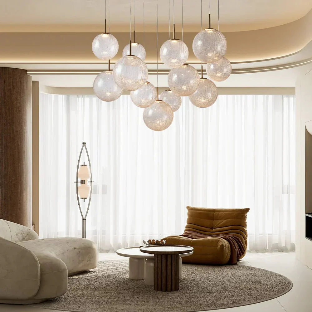 Casen Modern Round Chandelier - Hand - Blown Crackle Glass & Satin Brass LED Pendant Light - 3 - Light 20''CrackleJoyfuzzy