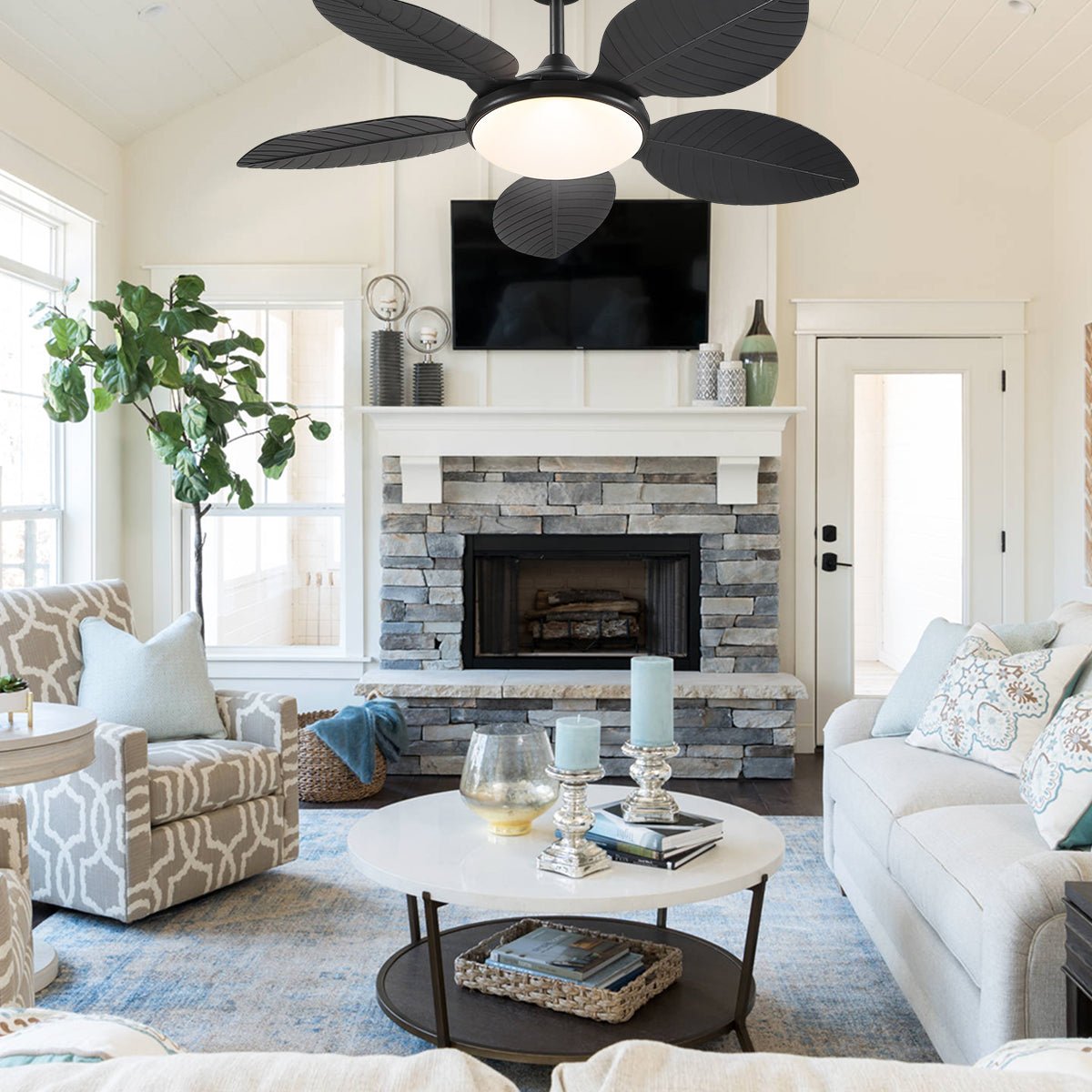 Ceiling Fan Palm Leaf Ceiling Fan 6 Speeds Reversible Ceiling Fans with Lights 48" - Joyfuzzy