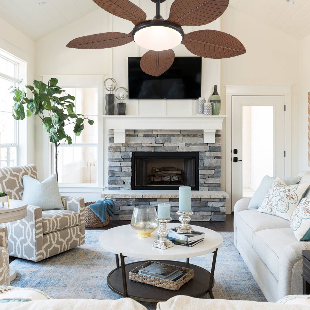 Ceiling Fan Palm Leaf Ceiling Fan 6 Speeds Reversible Ceiling Fans with Lights 48" - Joyfuzzy
