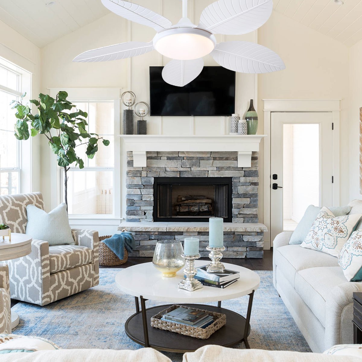 Ceiling Fan Palm Leaf Ceiling Fan 6 Speeds Reversible Ceiling Fans with Lights 48" - Joyfuzzy