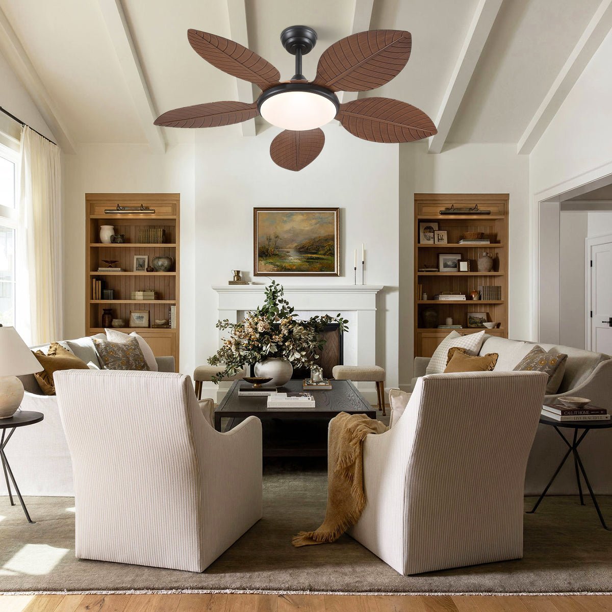 Ceiling Fan Palm Leaf Ceiling Fan 6 Speeds Reversible Ceiling Fans with Lights 48" - Joyfuzzy