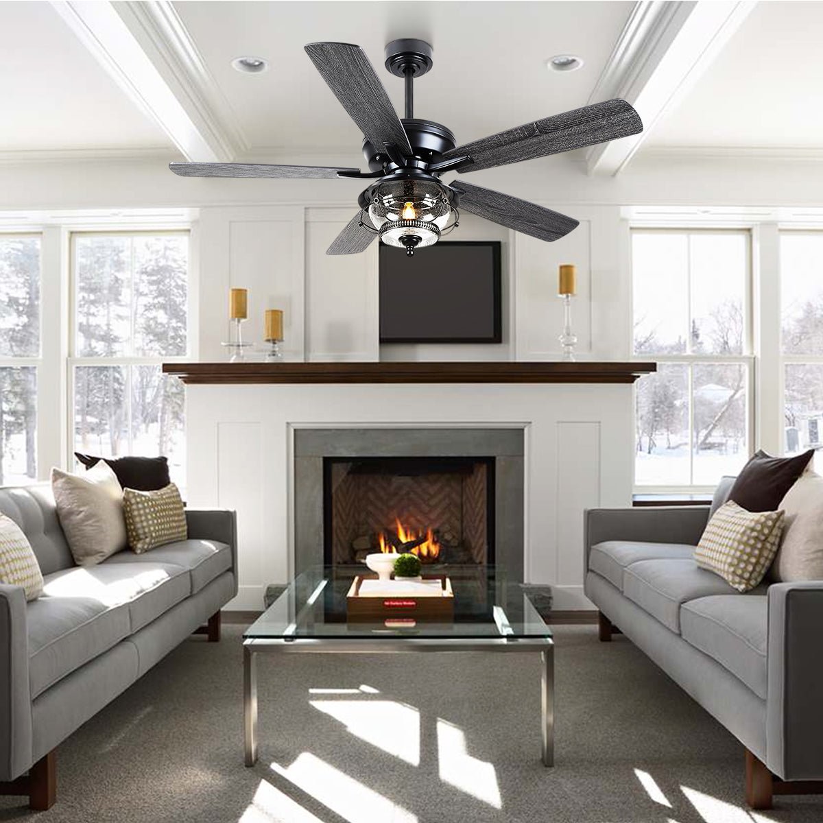 Ceiling Fans with Light and Remote Waterproof Wet Rated Ceiling Fan, 6 Speeds Modern Black Fan Lights 52" - Joyfuzzy