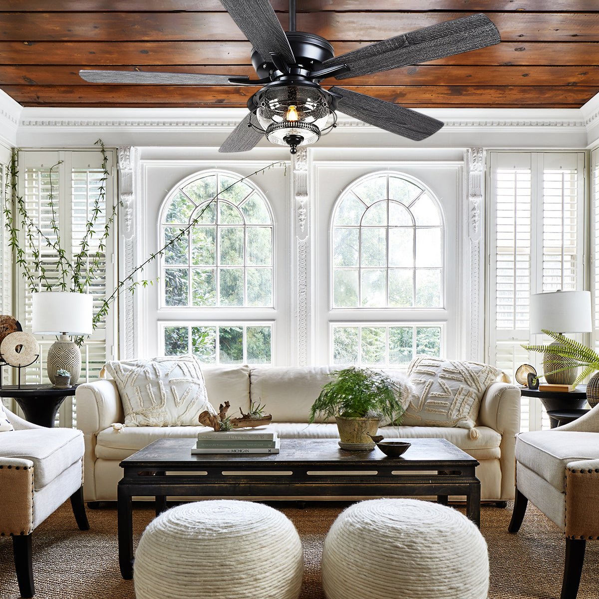 Ceiling Fans with Light and Remote Waterproof Wet Rated Ceiling Fan, 6 Speeds Modern Black Fan Lights 52" - Joyfuzzy