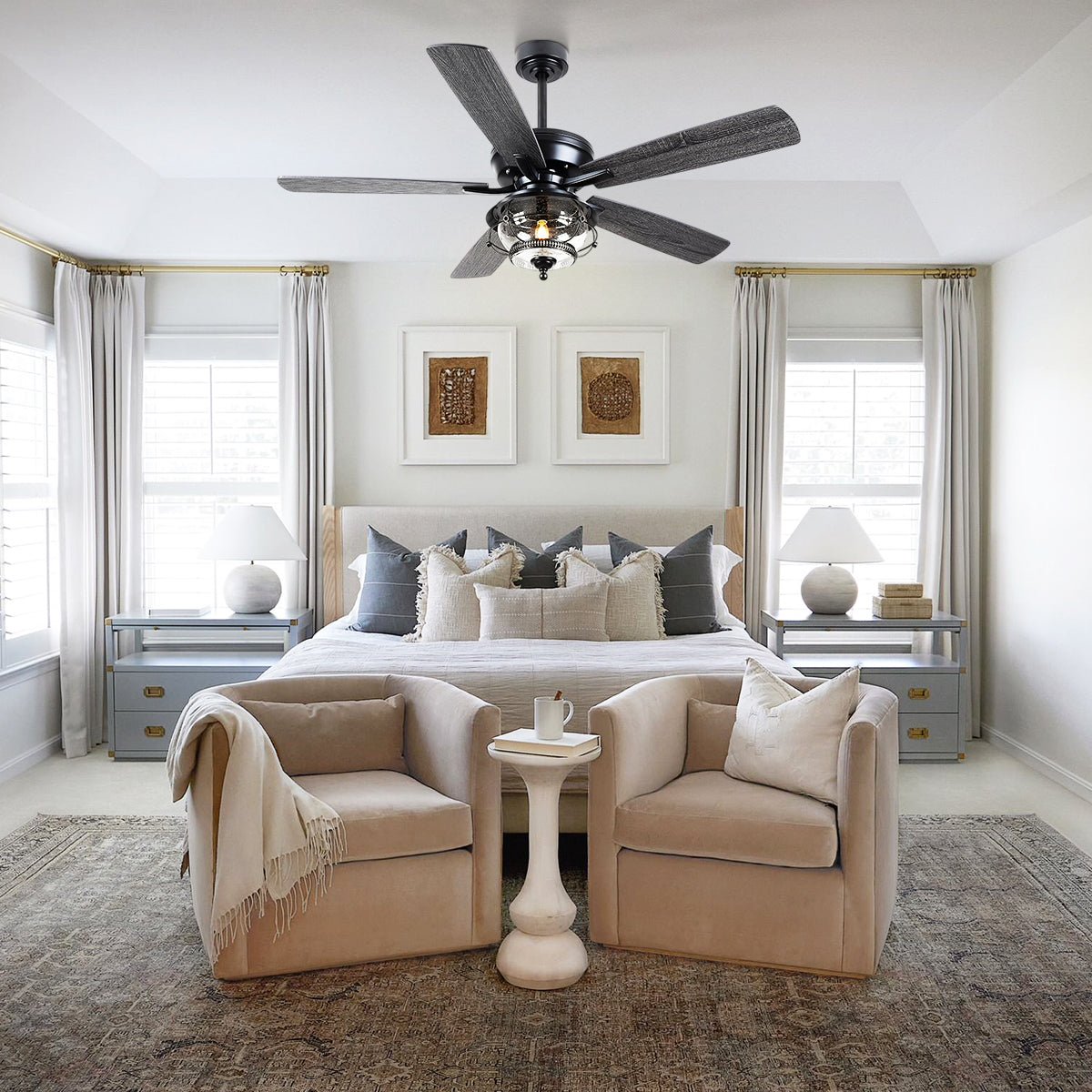 Ceiling Fans with Light and Remote Waterproof Wet Rated Ceiling Fan, 6 Speeds Modern Black Fan Lights 52" - Joyfuzzy