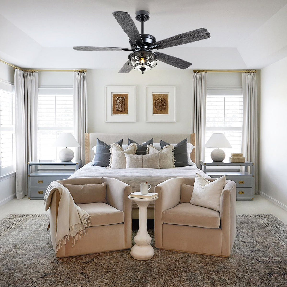Ceiling Fans with Light and Remote Waterproof Wet Rated Ceiling Fan, 6 Speeds Modern Black Fan Lights 52" - Joyfuzzy