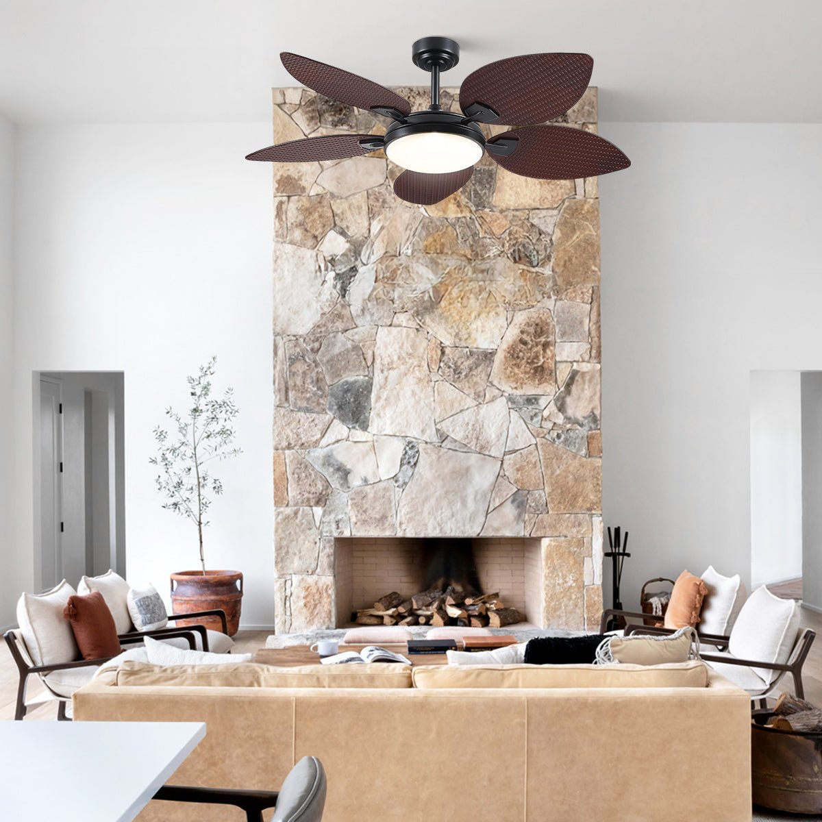 Ceiling Fans with Lights Palm Leaf Ceiling Fan for Patios Porch 6 Speeds, Reversible 52" - Joyfuzzy
