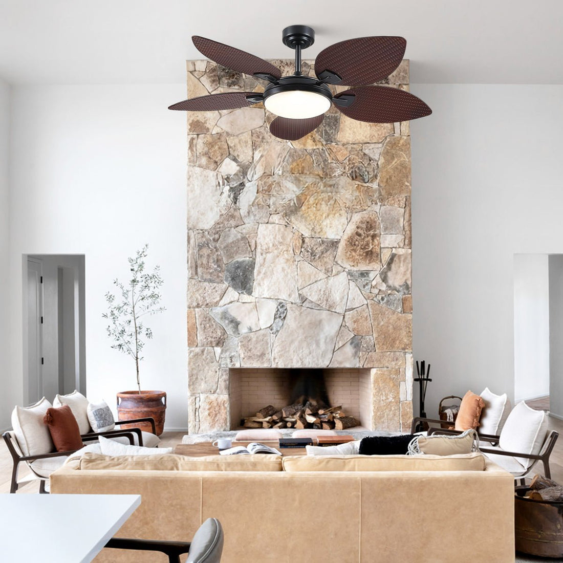 Ceiling Fans with Lights Palm Leaf Ceiling Fan for Patios Porch 6 Speeds, Reversible 52" - Joyfuzzy