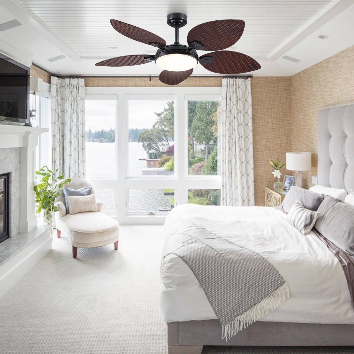 Ceiling Fans with Lights Palm Leaf Ceiling Fan for Patios Porch 6 Speeds, Reversible 52" - Joyfuzzy