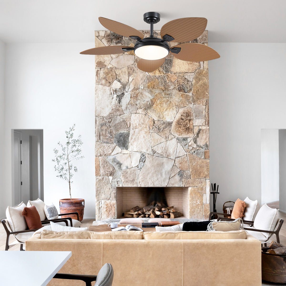 Ceiling Fans with Lights Palm Leaf Ceiling Fan for Patios Porch 6 Speeds, Reversible 52" - Joyfuzzy