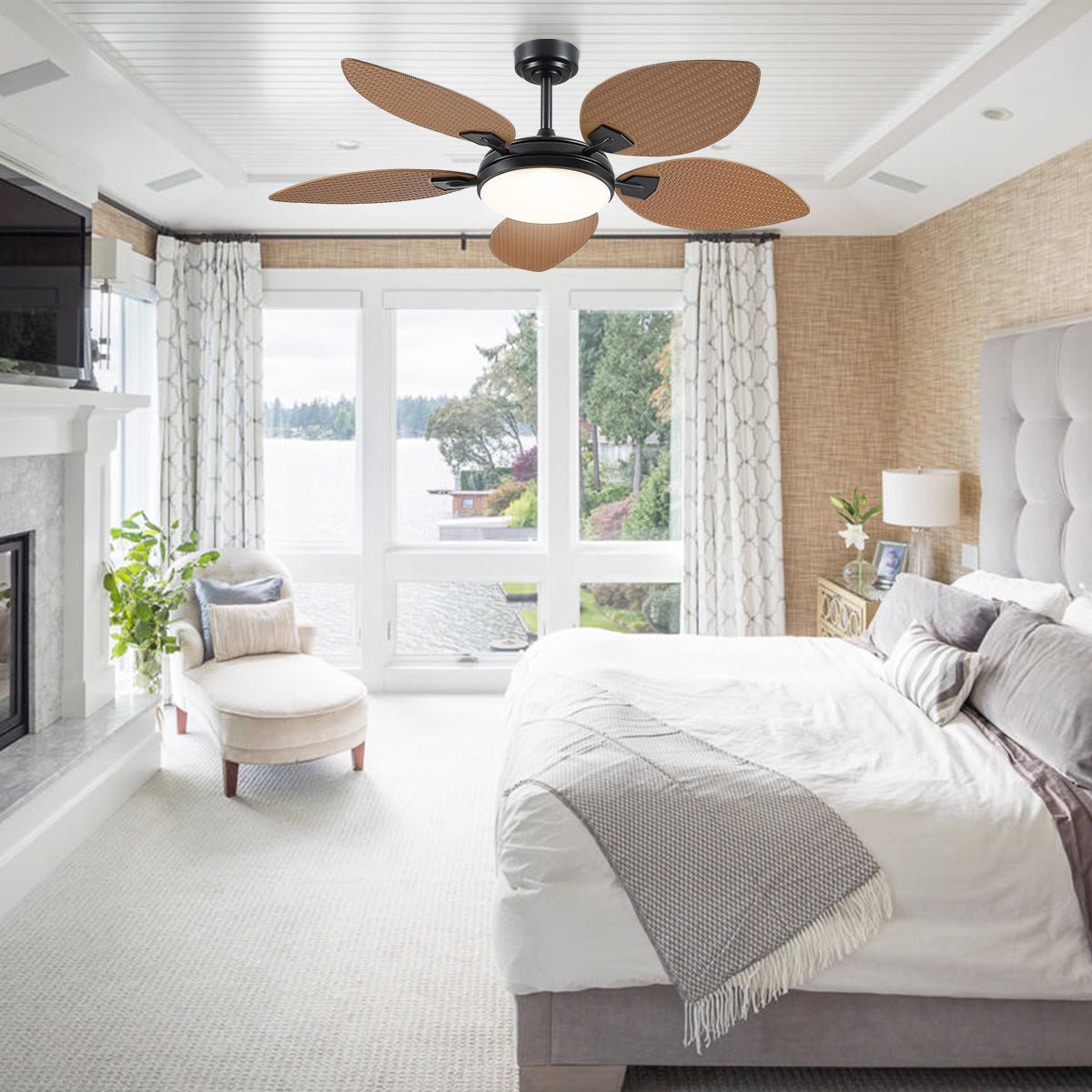 Ceiling Fans with Lights Palm Leaf Ceiling Fan for Patios Porch 6 Speeds, Reversible 52" - Joyfuzzy