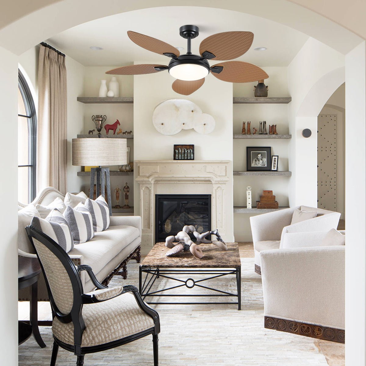Ceiling Fans with Lights Palm Leaf Ceiling Fan for Patios Porch 6 Speeds, Reversible 52" - Joyfuzzy