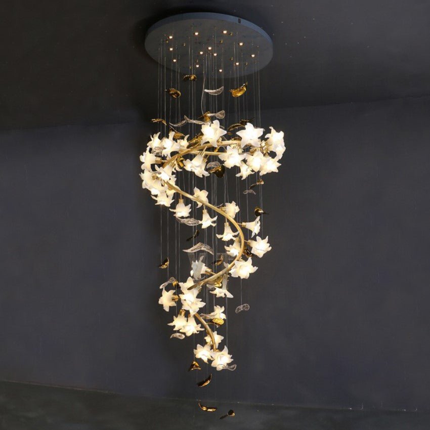 Ceramic Flower Chandelier in Artistic Brass Branch Design - D31.5"*H118.1"Warm LightJoyfuzzy