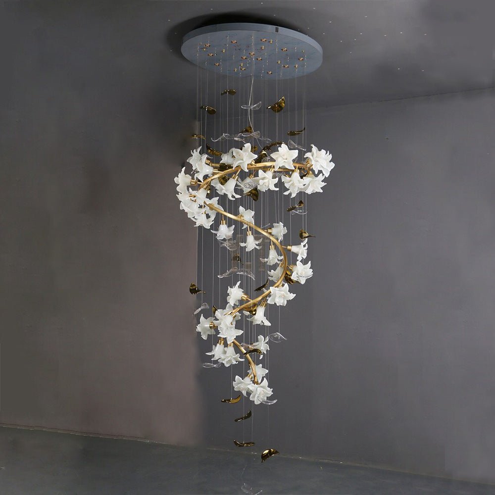Ceramic Flower Chandelier in Artistic Brass Branch Design - D31.5"*H118.1"Warm LightJoyfuzzy
