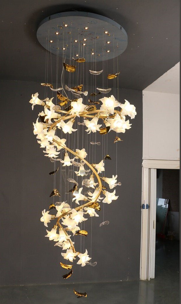 Ceramic Flower Chandelier in Artistic Brass Branch Design - D31.5"*H118.1"Warm LightJoyfuzzy