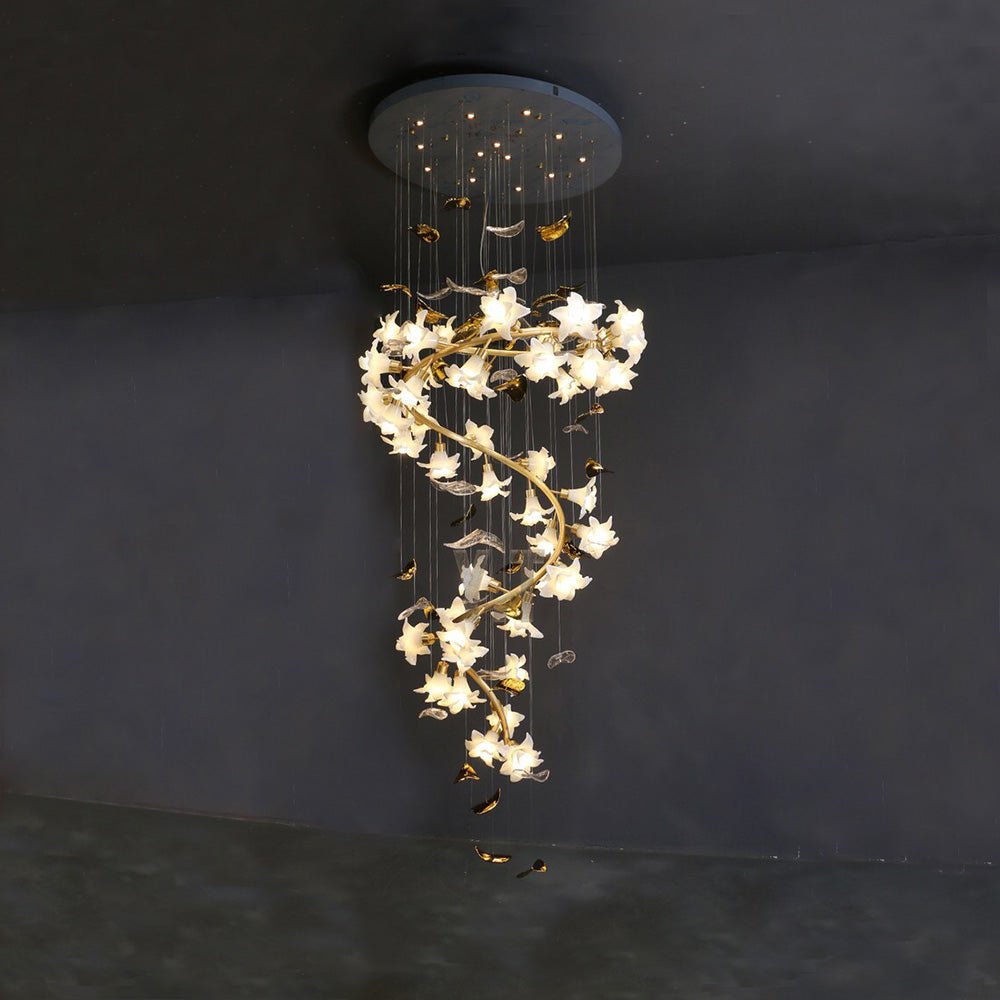Ceramic Flower Chandelier in Artistic Brass Branch Design - D31.5"*H118.1"Warm LightJoyfuzzy