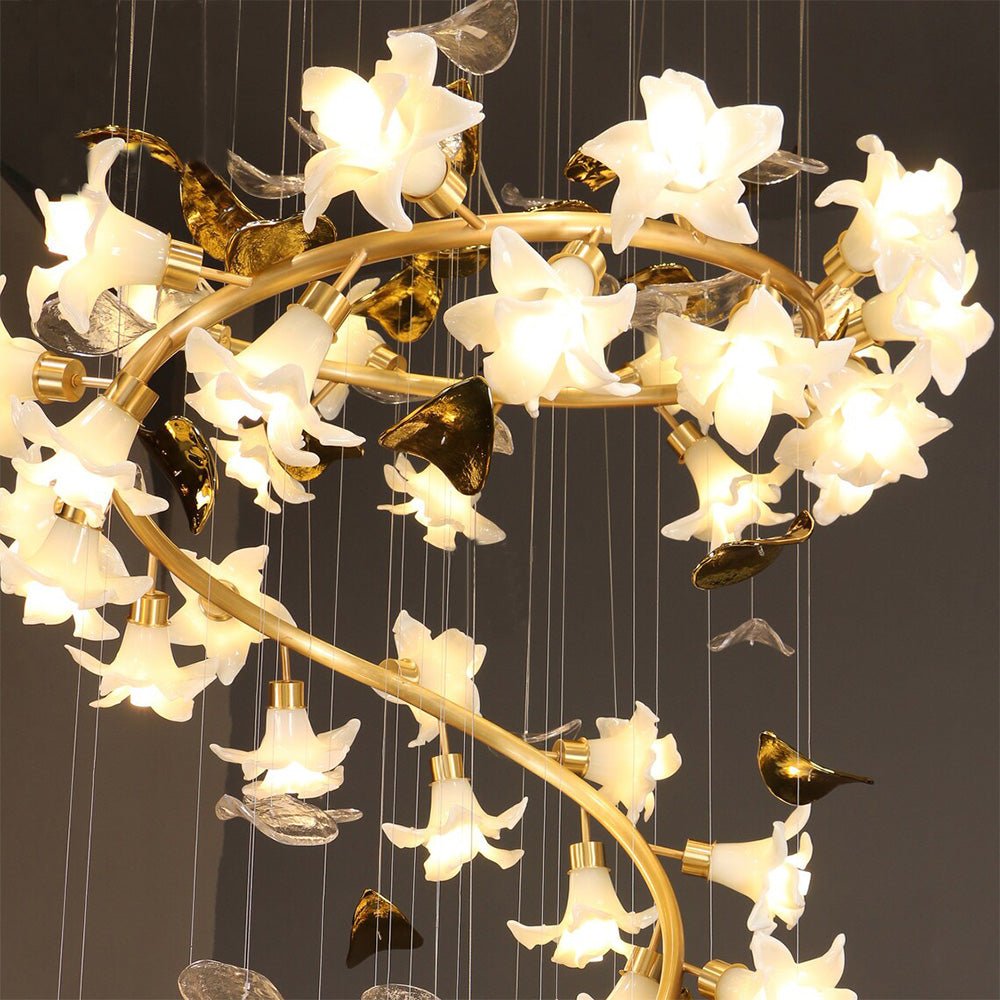 Ceramic Flower Chandelier in Artistic Brass Branch Design - D31.5"*H118.1"Warm LightJoyfuzzy