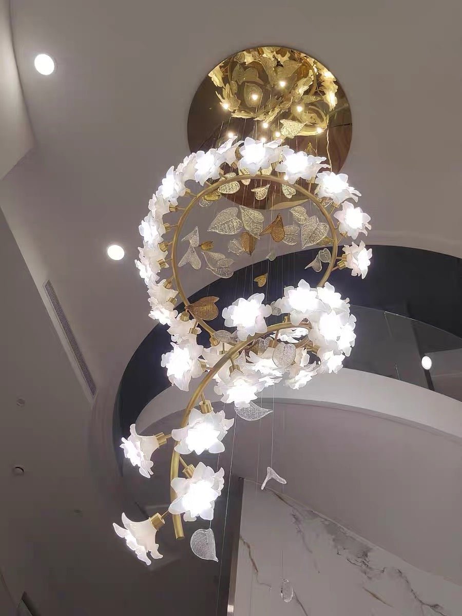 Ceramic Flower Chandelier in Artistic Brass Branch Design - D31.5"*H118.1"Warm LightJoyfuzzy