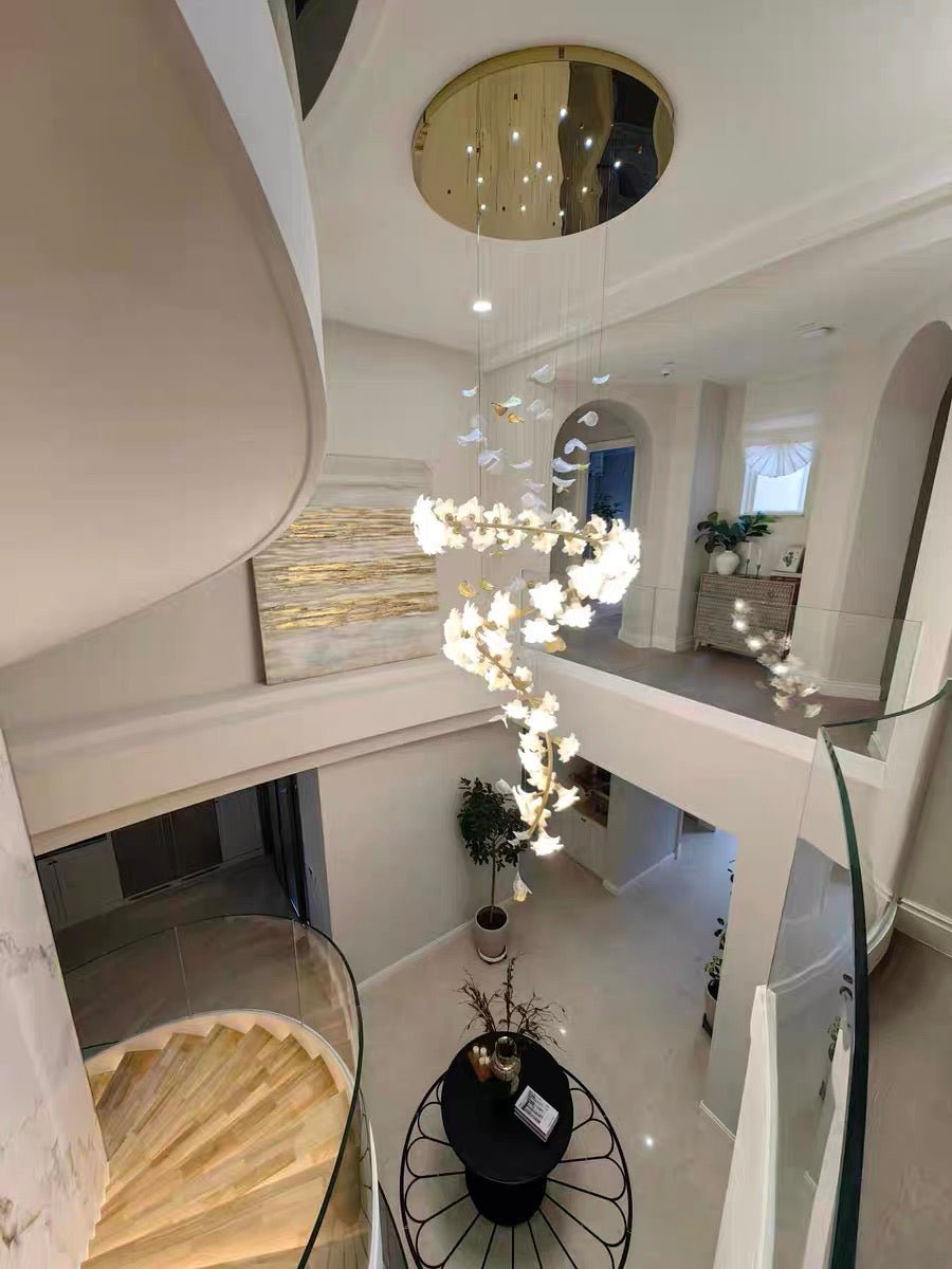 Ceramic Flower Chandelier in Artistic Brass Branch Design - D31.5"*H118.1"Warm LightJoyfuzzy