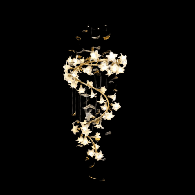 Ceramic Flower Chandelier in Artistic Brass Branch Design - D31.5"*H118.1"Warm LightJoyfuzzy