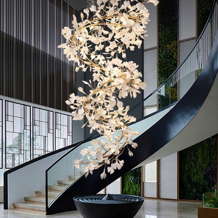 Ceramic Gingko Staircase Branch Chandelier - 23.6" D x 106.3" HJoyfuzzy