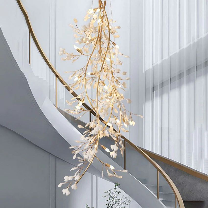Ceramic Gingko Staircase Branch Chandelier - 23.6" D x 106.3" HJoyfuzzy
