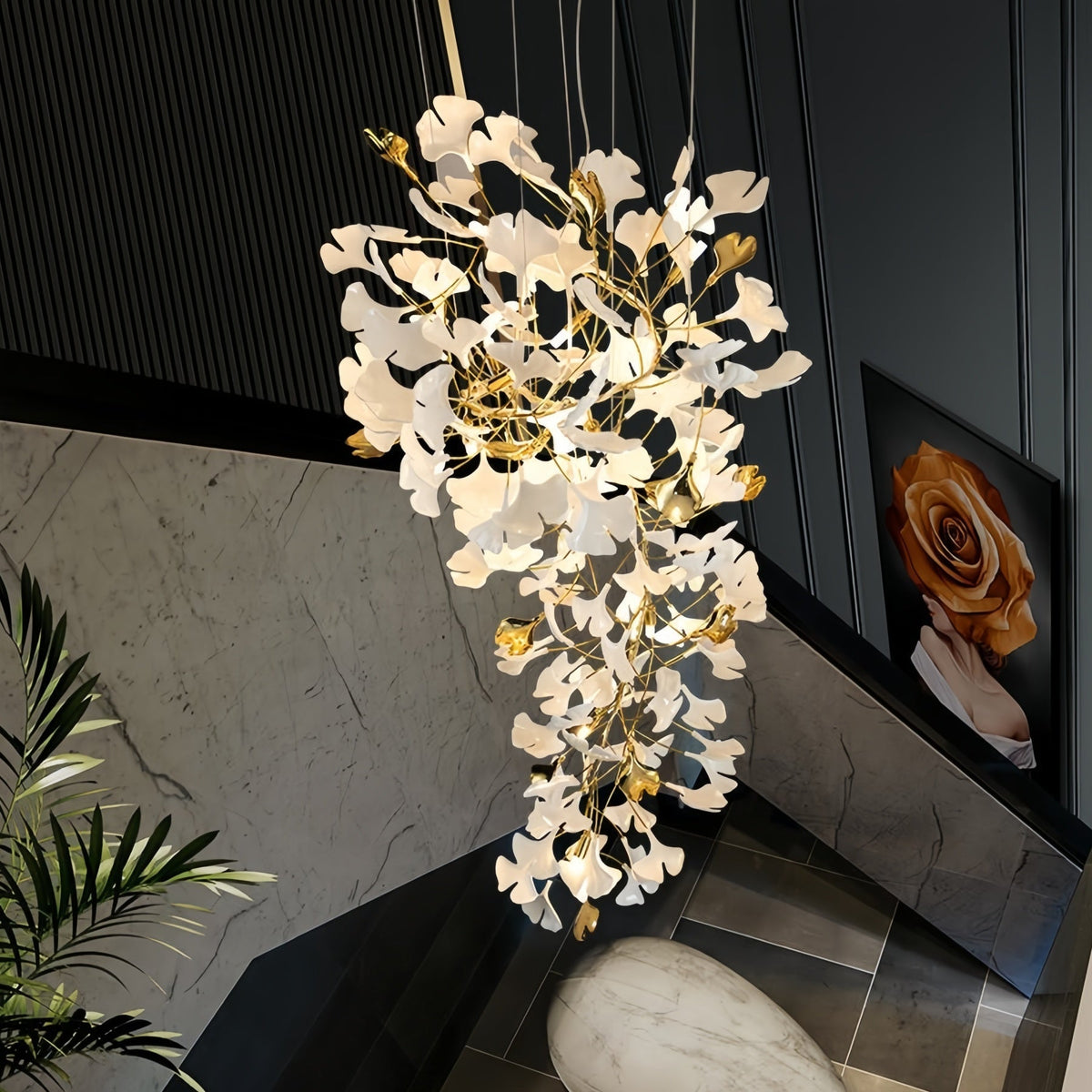 Ceramic Ginkgo Cascading A Branch Chandelier-