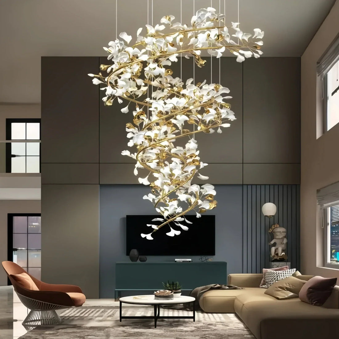 Ceramic Ginkgo Cascading B (Spiral) Branch Chandelier-