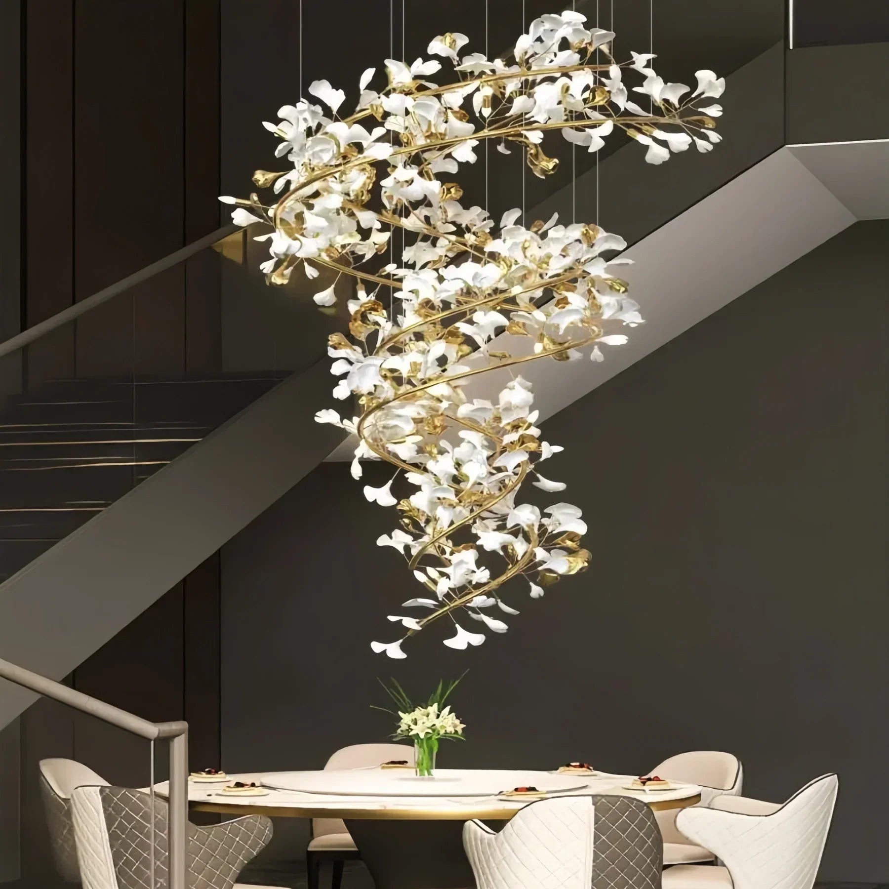 Ceramic Ginkgo Cascading B (Spiral) Branch Chandelier-