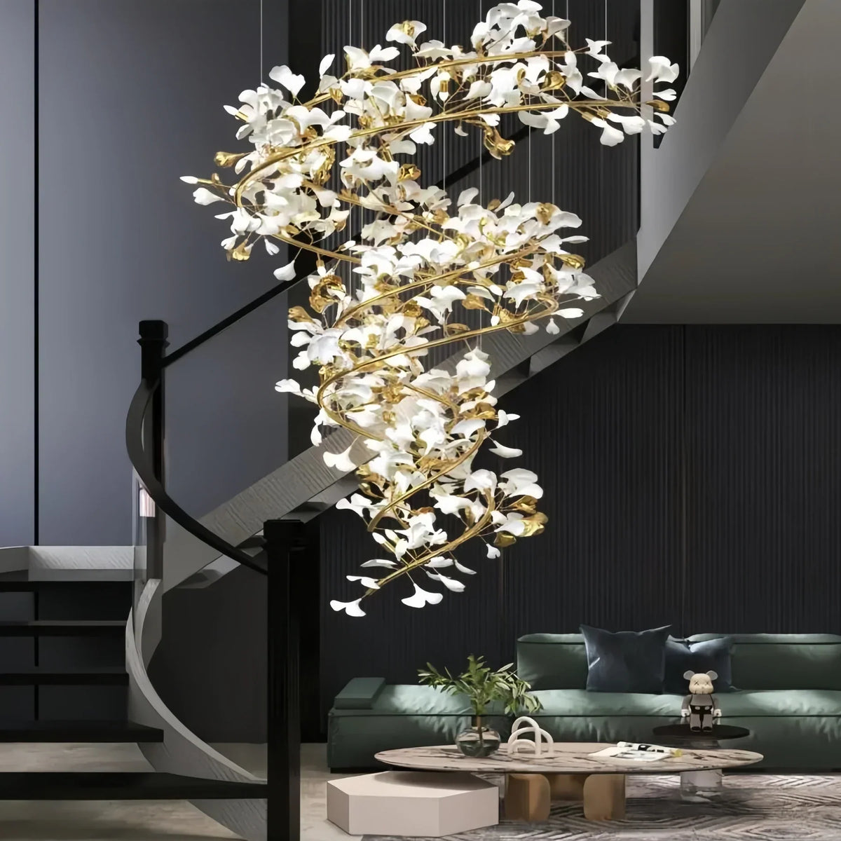 Ceramic Ginkgo Cascading B (Spiral) Branch Chandelier-