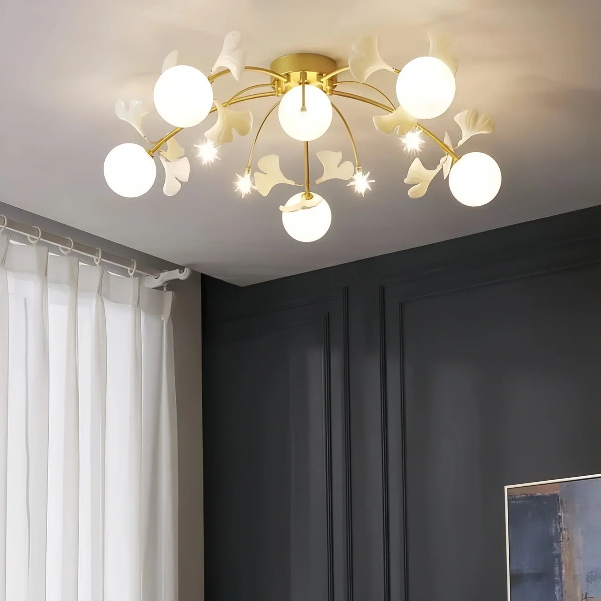 Ceramic Ginkgo Glass Ceiling Lamp-6+5 Heads 39.4"X H 11.8"-